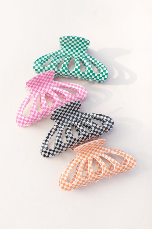 Butterfly Checkered Hair Claw - Pink